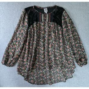 IVY JANES Top Large Boho Busy Floral Burnout High Lo Peasant Chiffon Ruffle Lace